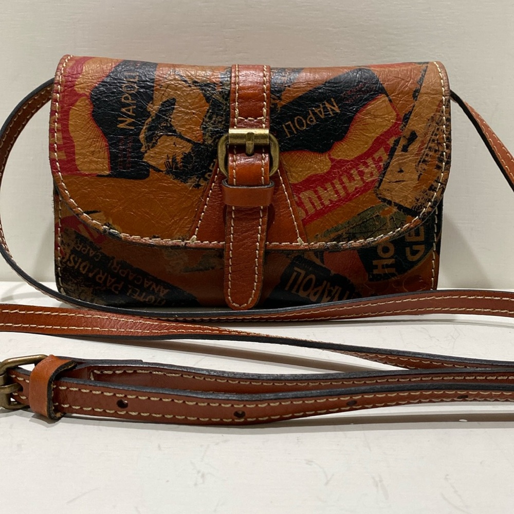 PATRICIA NASH Small Brown Printed Leather Clutch/ Crossbody Bag
